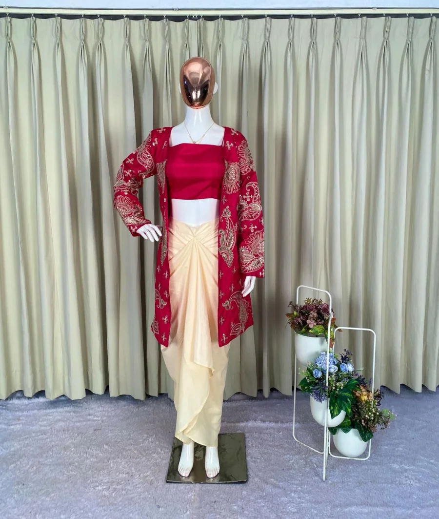 2MODERN BANGLORI SILK PLAIN DRAPED SKIRT AND BLOUSE WITH CODING WITH SEQUENCE EMBROIDERY WORK KOTI PARTY WEAR WHOLESALE PRICE ETHNIC GARMENT (5)