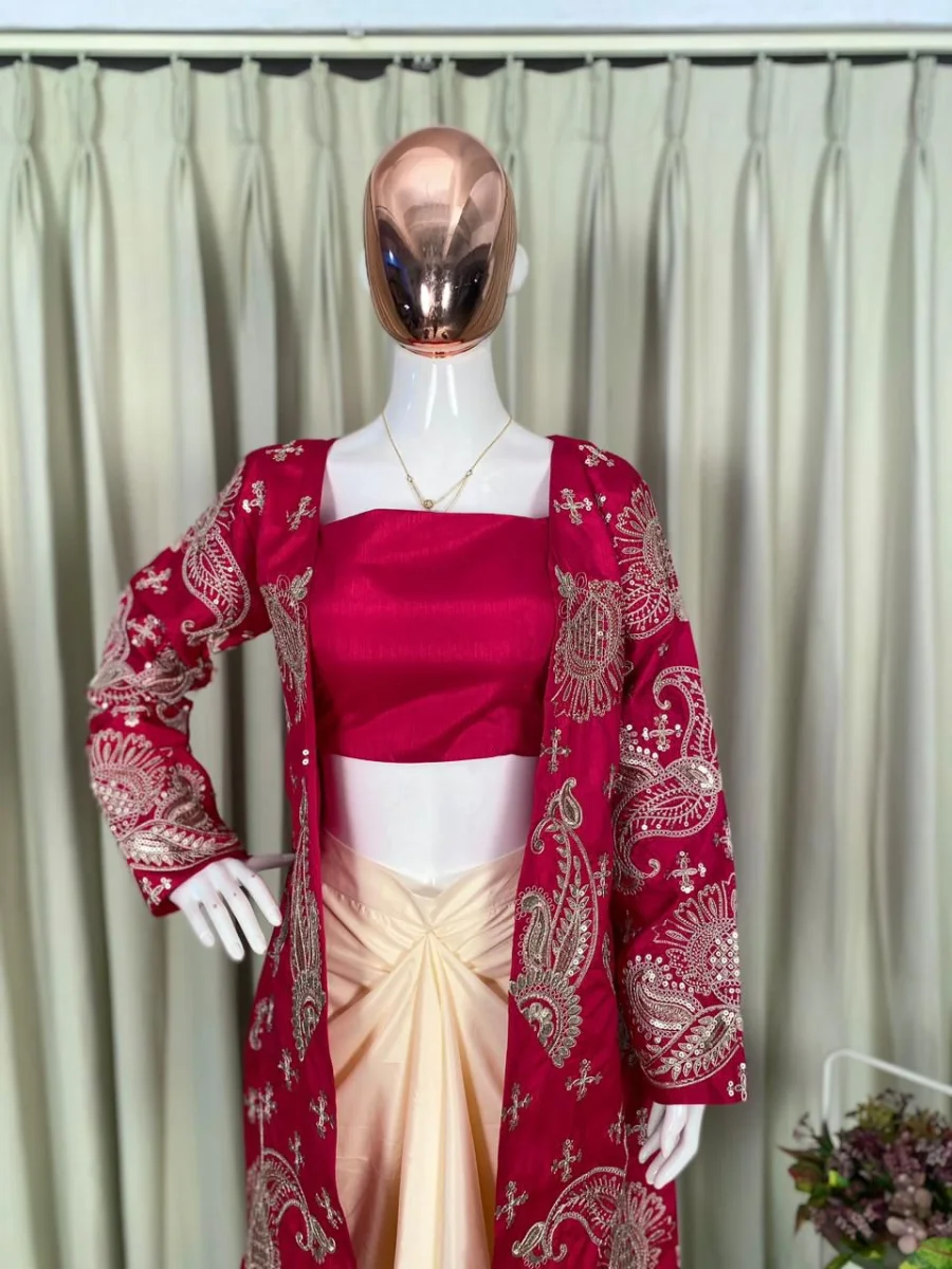 2MODERN BANGLORI SILK PLAIN DRAPED SKIRT AND BLOUSE WITH CODING WITH SEQUENCE EMBROIDERY WORK KOTI PARTY WEAR WHOLESALE PRICE ETHNIC GARMENT (6)