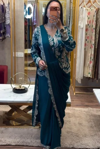 MODERN CHINON EMBROIDERY WORK READY TO WEAR SAREE WITH FULL STITCHED JACKET AND BLOUSE TEAL