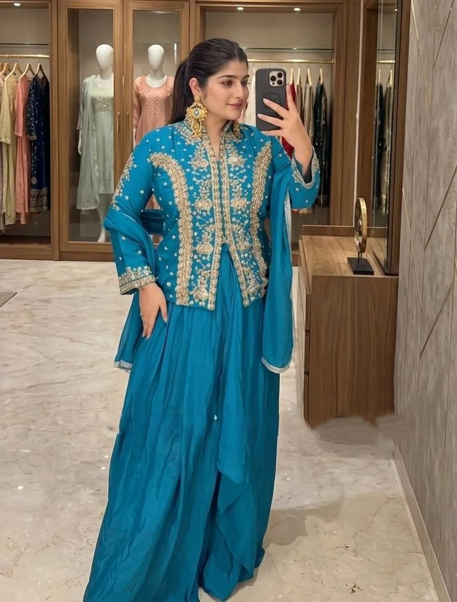 2MODERN CHINON SILK MULTI THREAD EMBROIDERY WITH SEQUENCE WORK TOP LEHENGA WITH DUPATTA FESTIVE WEAR WHOLESALE PRICE ETHNIC GARMENT (15)