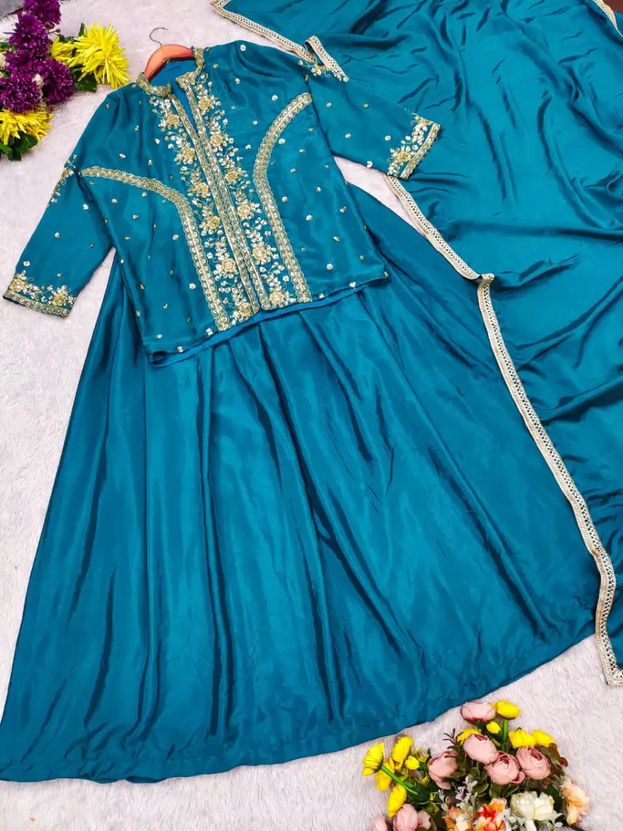 2MODERN CHINON SILK MULTI THREAD EMBROIDERY WITH SEQUENCE WORK TOP LEHENGA WITH DUPATTA FESTIVE WEAR WHOLESALE PRICE ETHNIC GARMENT (17)