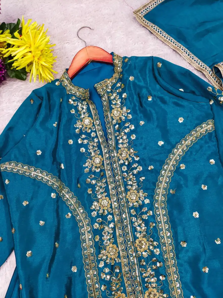 2MODERN CHINON SILK MULTI THREAD EMBROIDERY WITH SEQUENCE WORK TOP LEHENGA WITH DUPATTA FESTIVE WEAR WHOLESALE PRICE ETHNIC GARMENT (18)