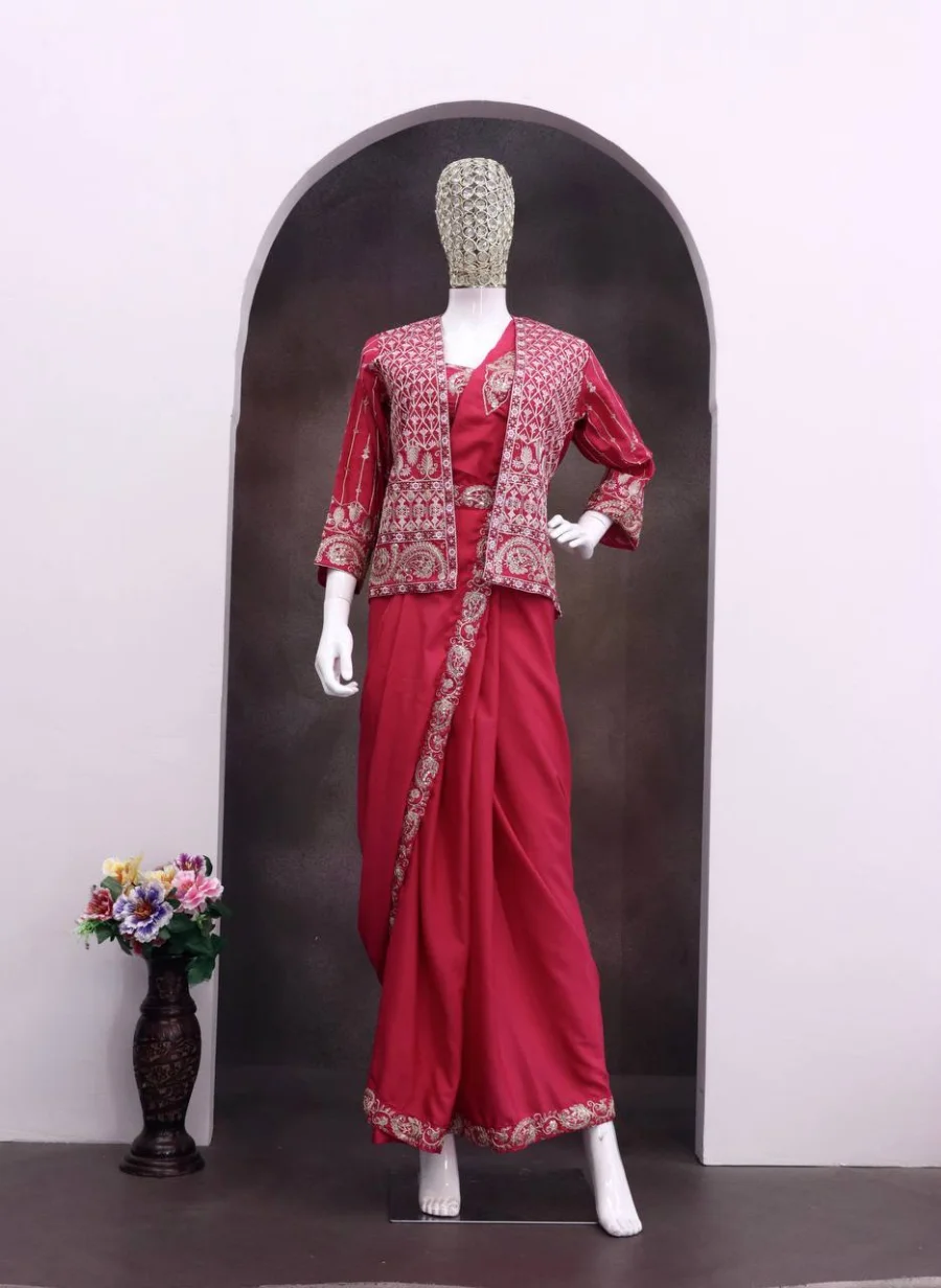 2MODERN CREPE SILK EMBROIDERY SEQUENCE LACE WORK READY TO WEAR SAREE WITH STITCHED BLOUSE AND KOTI PARTY WEAR WHOLESALE PRICE ETHNIC GARMENT (21)