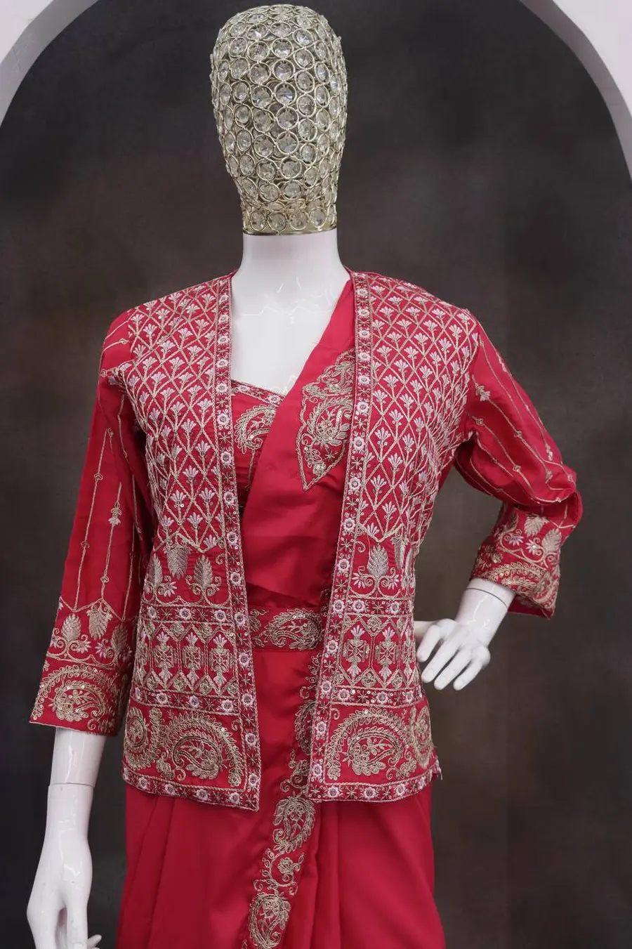 2MODERN CREPE SILK EMBROIDERY SEQUENCE LACE WORK READY TO WEAR SAREE WITH STITCHED BLOUSE AND KOTI PARTY WEAR WHOLESALE PRICE ETHNIC GARMENT (22)