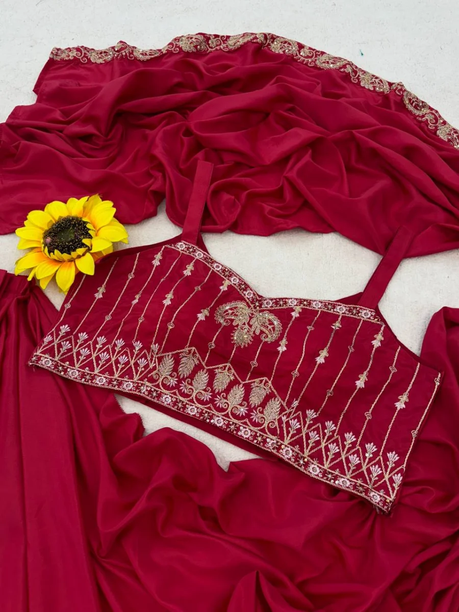 2MODERN CREPE SILK EMBROIDERY SEQUENCE LACE WORK READY TO WEAR SAREE WITH STITCHED BLOUSE AND KOTI PARTY WEAR WHOLESALE PRICE ETHNIC GARMENT (25)