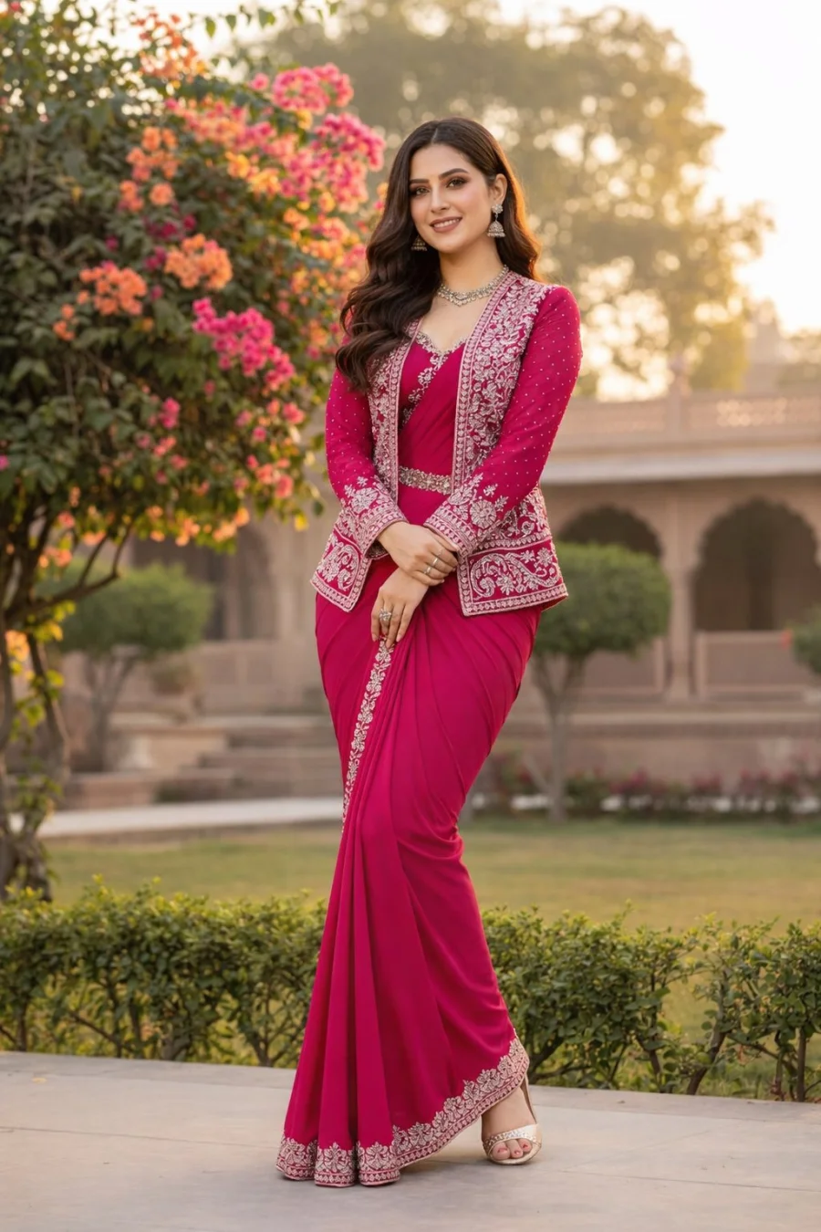 2MODERN CREPE SILK EMBROIDERY SEQUENCE LACE WORK READY TO WEAR SAREE WITH STITCHED BLOUSE AND KOTI PARTY WEAR WHOLESALE PRICE ETHNIC GARMENT (30)