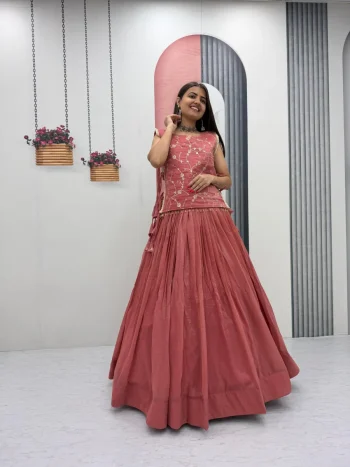 MODERN CRUNCHY SILK PLAIN LEHENGA CHOLI WITH THREAD AND SEQUENCE WORK JACKET PEACH
