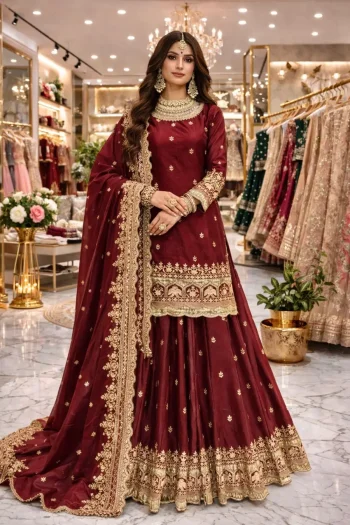 MODERN FENDY SILK EMBROIDERY SEQUENCE WORK TOP LEHENGA WITH DUPATTA MAROON
