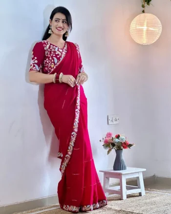 MODERN RANGOLI SILK EMBROIDERY SEQUENCE WITH MULTI THREAD AND CUT WORK LACE SAREE WITH STITCHED BLOUSE RANI