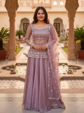 MODERN RANGOLI SILK EMBROIDERY WORK LEHENGA KOTI WITH DUPATTA LAVENDER