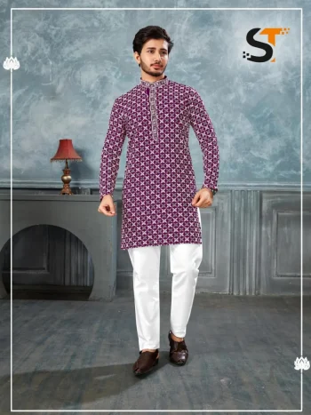 MODERN RAYON  CHIKAN WORK MEN'S KURTA PAYJAMA WINE