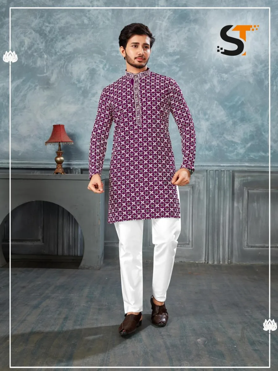 2MODERN RAYON CHIKAN WORK MEN'S KURTA PAYJAMA FESTIVE WEAR WHOLESALE PRICE ETHNIC GARMENT (5)