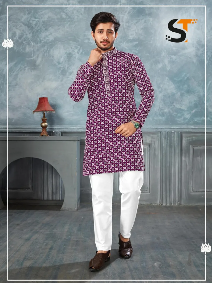 2MODERN RAYON CHIKAN WORK MEN'S KURTA PAYJAMA FESTIVE WEAR WHOLESALE PRICE ETHNIC GARMENT (6)