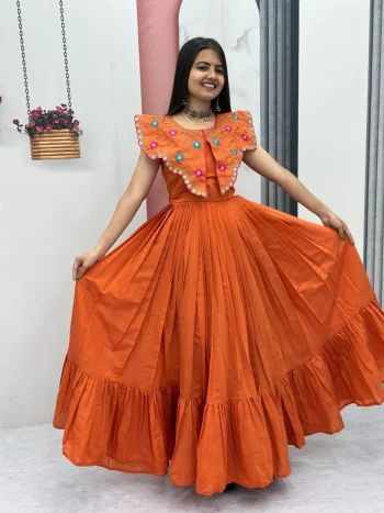 MODERN ROMAN EMBROIDERY THREAD & KHATLI WORK GOWN ORANGE