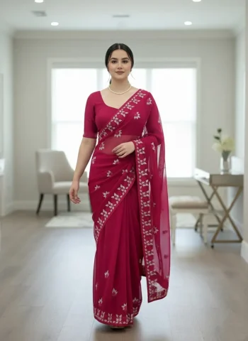 MODERN SOFT NET CONTRAST PALLU CHIKANKARI EMBROIDERY WORK SAREE WITH UNSTITCHED BLOUSE RANI