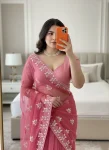 2MODERN SOFT NET CONTRAST PALLU CHIKANKARI EMBROIDERY WORK SAREE WITH UNSTITCHED BLOUSE PARTY WEAR WHOLESALE PRICE ETHNIC GARMENT (4)
