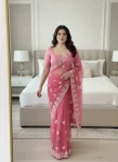 MODERN SOFT NET CONTRAST PALLU CHIKANKARI EMBROIDERY WORK SAREE WITH UNSTITCHED BLOUSE BABY PINK