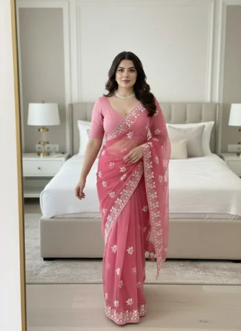 MODERN SOFT NET CONTRAST PALLU CHIKANKARI EMBROIDERY WORK SAREE WITH UNSTITCHED BLOUSE BABY PINK