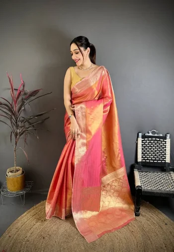 NEW ARRIVAL BANARASI TISSUE SILK WEAVING ZARI WORK SAREE WITH UNSTITCHED BLOUSE PEACH