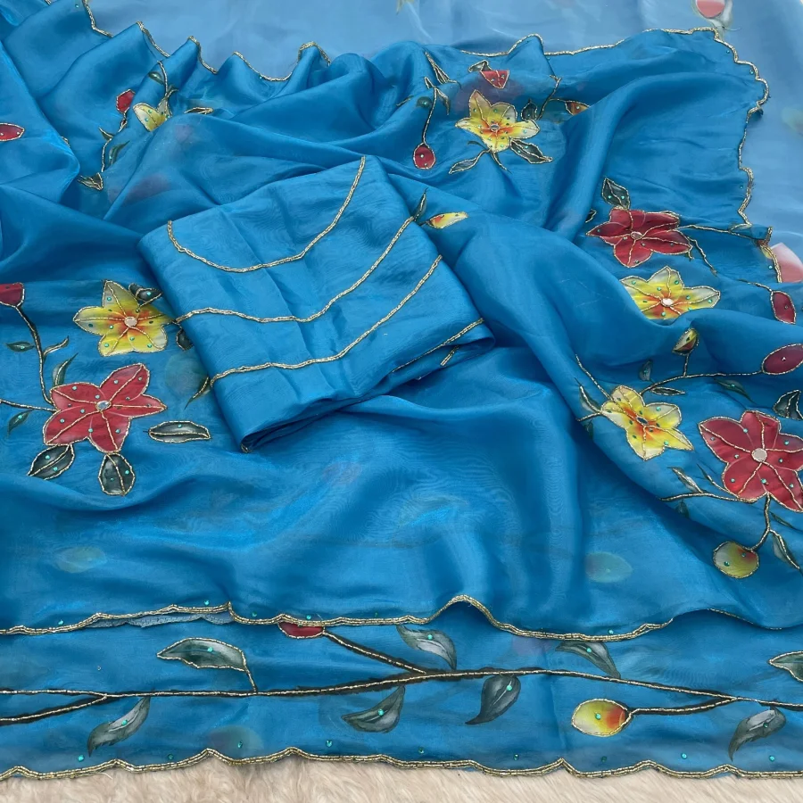 2NEW ARRIVAL GMY SILK FLORAL PRINT WITH BEADS AND CUTDANA HANDWORK BORDER WITH REAL MIRROR WORK SAREE WITH UNSTITCHED BLOUSE PARTY WEAR WHOLESALE PRICE ETHNIC GARMENT (9)