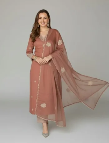 NEW ARRIVAL RAYON COTTON EMBROIDERY WORK TOP BOTTOM WITH DUPATTA CHIKU