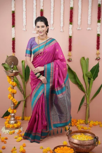 NEW ARRIVAL TWO TONE SILK ZARI MOTIFS WITH WOVEN CONTRAST ZARI PALLU AND  BORDER WORK SAREE WITH UNSTITCHED BLOUSE PINK