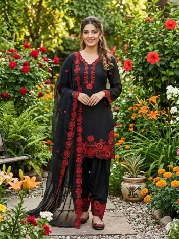 RICH LOOK CREPE SILK SEQUENCE EMBROIDERY WORK TOP PATIYALA WITH DUPATTA BLACK AND RED