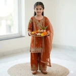 RICH LOOK GEORGETTE EMBROIDERY &  5 MM  SEQUENCE WORK KID'S TOP BOTTOM WITH DUPATTA ORANGE