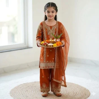 RICH LOOK GEORGETTE EMBROIDERY &  5 MM  SEQUENCE WORK KID'S TOP BOTTOM WITH DUPATTA ORANGE