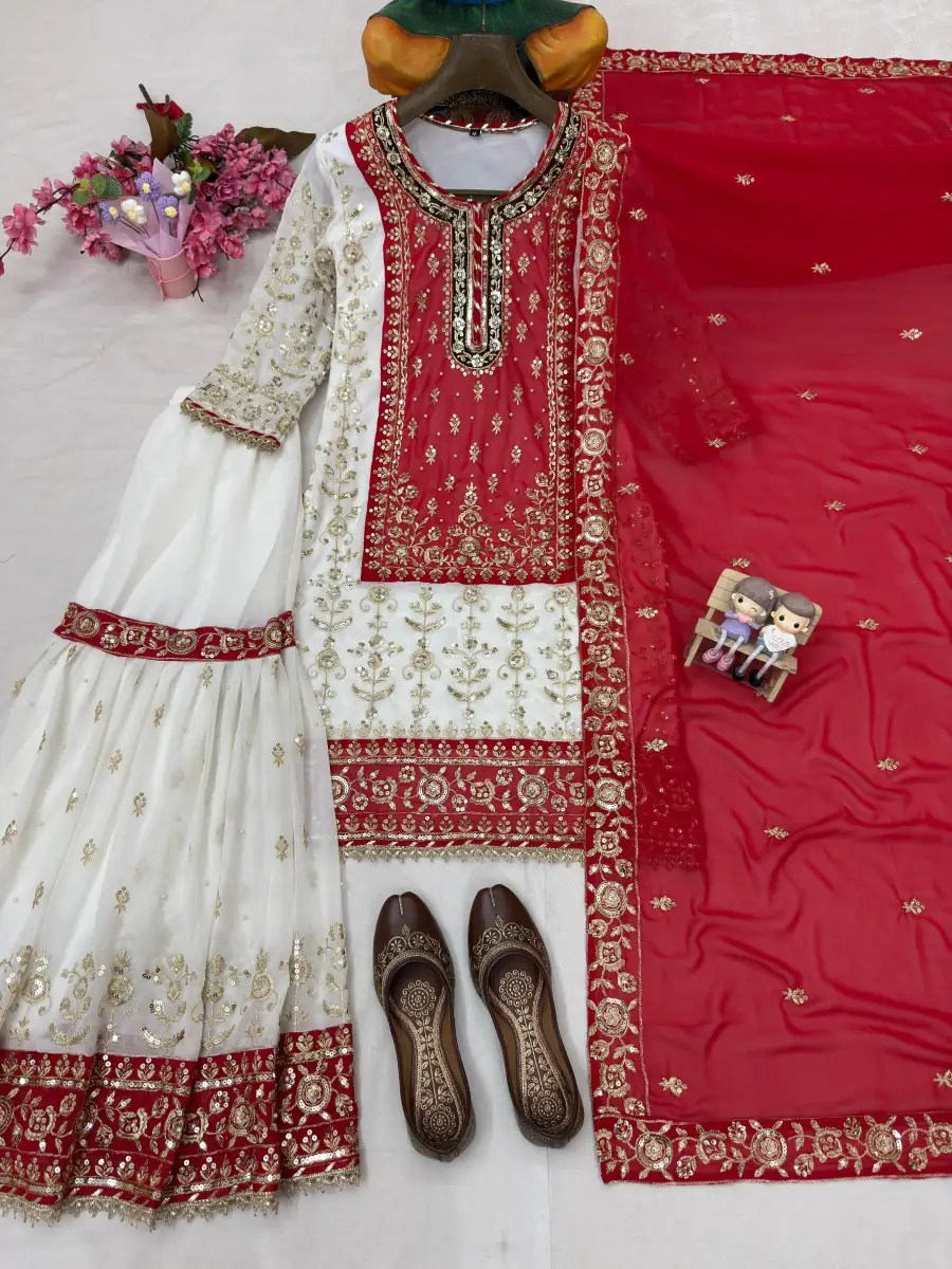 2RICH LOOK GEORGETTE SEQUENCE & ZARI EMBROIDERY WITH PEARL MOTI WORK TOP SHARARA WITH DUPATTA FESTIVE WEAR WHOLESALE PRICE ETHNIC GARMENT (42)