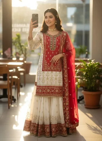 RICH LOOK GEORGETTE SEQUENCE & ZARI EMBROIDERY WITH PEARL MOTI WORK TOP SHARARA WITH DUPATTA RED