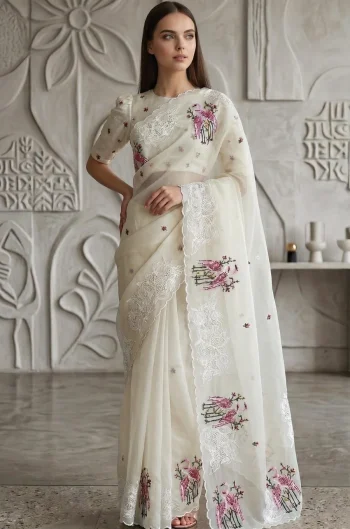 RICH LOOK ORGANZA MULTI THREAD EMBROIDERY WORK WITH CUTWORK PATCH AND BORDER WORK SAREE WITH UNSTITCHED BLOUSE OFF WHITE