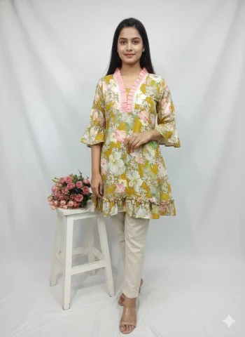 RICH LOOK POLY RAYON PRINTED WORK  ONLY TOP YELLOW