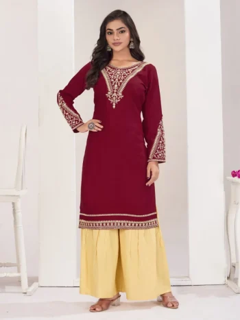 RICH LOOK RAYON EMBROIDERY WORK KURTI PALAZZO SET RED