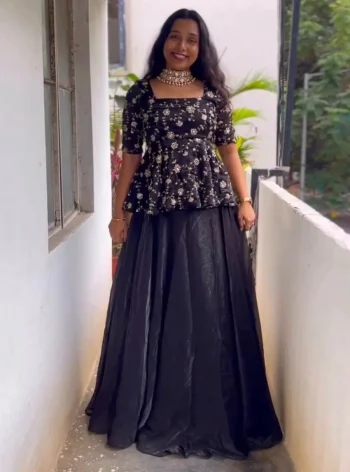 RICH LOOK SPACE SILK SEQUENCE EMBROIDERY WORK TOP LEHENGA SET BLACK
