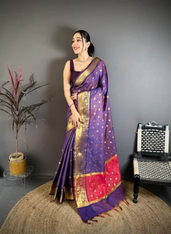 TRENDING BANARASI TISSUE BUTTI WORK WITH HEAVY BORDER SAREE WITH UNSTITCHED BLOUSE PURPLE
