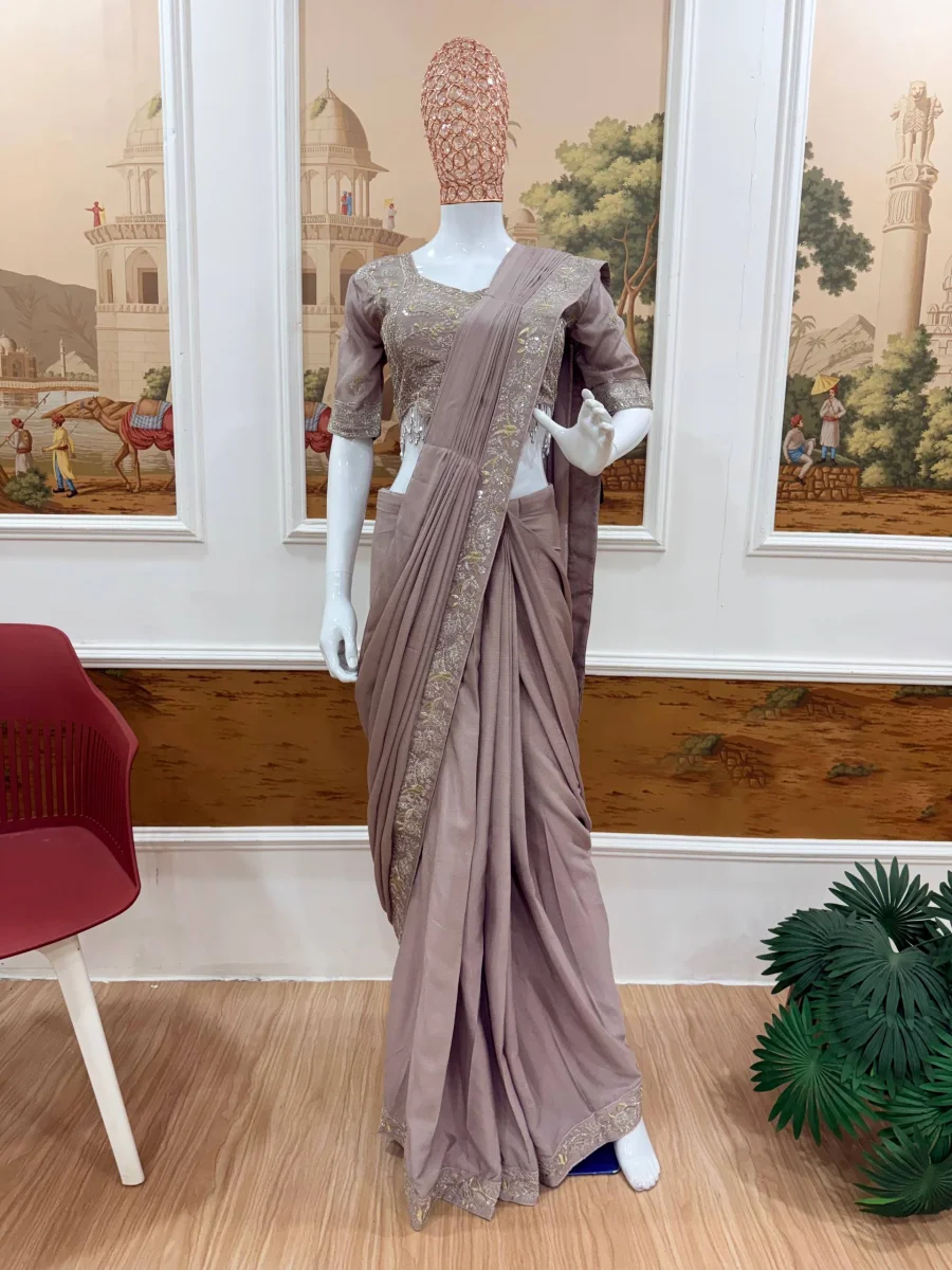 2TRENDING CHINON SEMI- BEADS EMBROIDERY WORK READY TO WEAR SAREE WITH STITCHED BLOUSE PARTY WEAR WHOLESALE PRICE ETHNIC GARMENT (10)