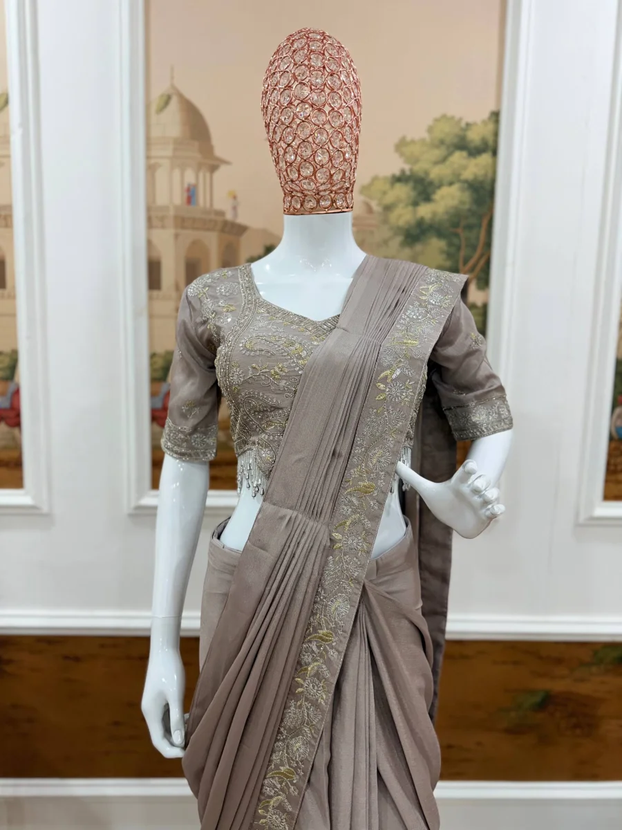 2TRENDING CHINON SEMI- BEADS EMBROIDERY WORK READY TO WEAR SAREE WITH STITCHED BLOUSE PARTY WEAR WHOLESALE PRICE ETHNIC GARMENT (11)