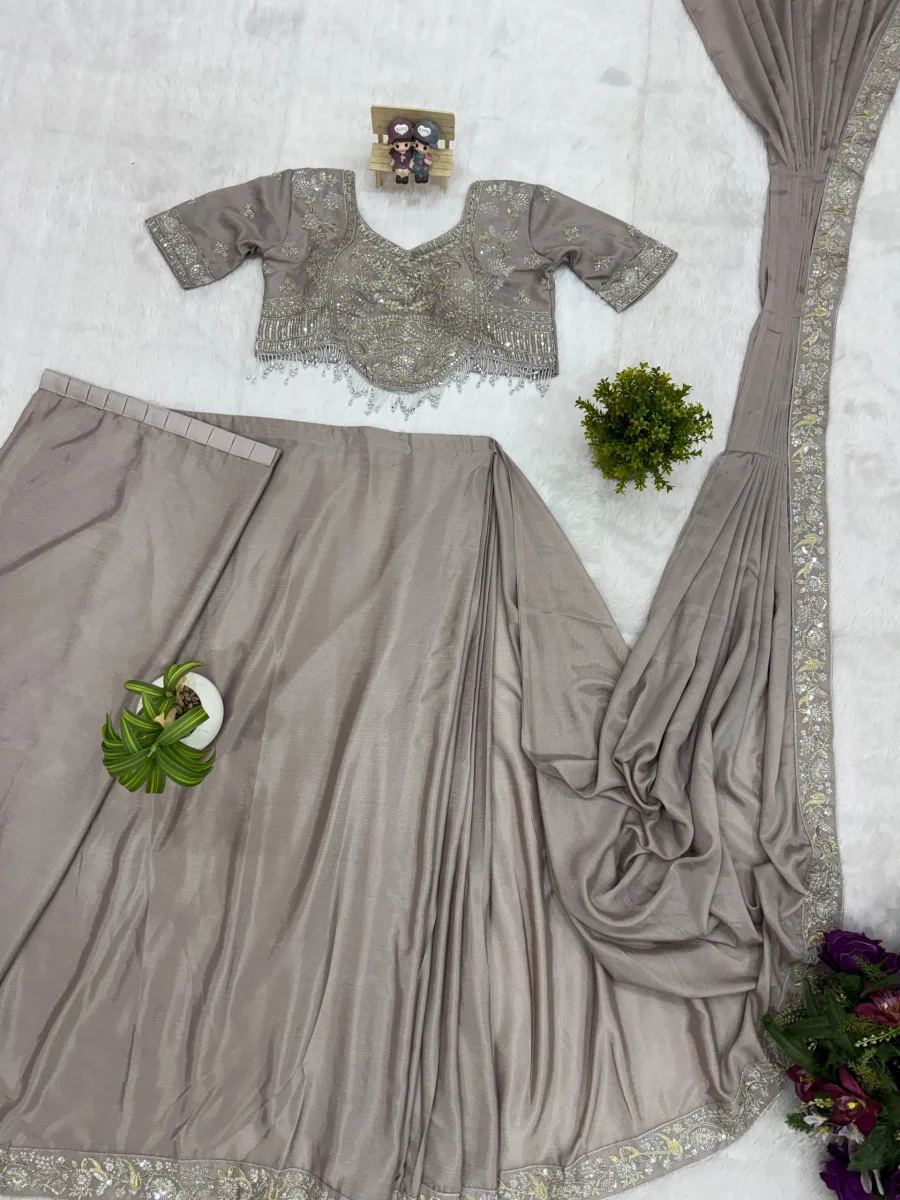 2TRENDING CHINON SEMI- BEADS EMBROIDERY WORK READY TO WEAR SAREE WITH STITCHED BLOUSE PARTY WEAR WHOLESALE PRICE ETHNIC GARMENT (12)