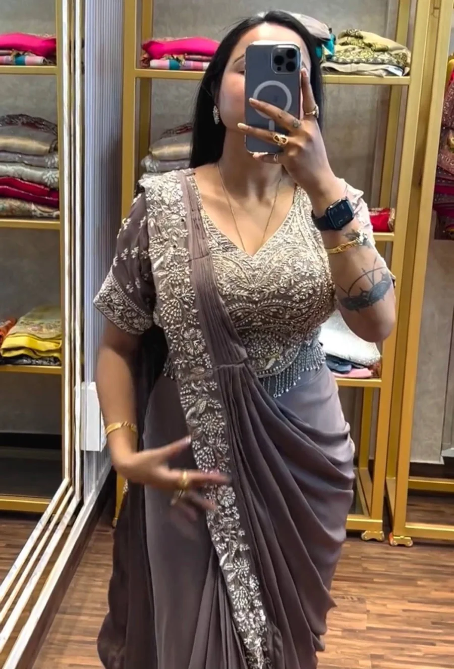 2TRENDING CHINON SEMI- BEADS EMBROIDERY WORK READY TO WEAR SAREE WITH STITCHED BLOUSE PARTY WEAR WHOLESALE PRICE ETHNIC GARMENT (7)