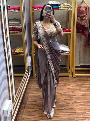 TRENDING CHINON SEMI- BEADS EMBROIDERY WORK READY TO WEAR SAREE WITH STITCHED BLOUSE CREAM