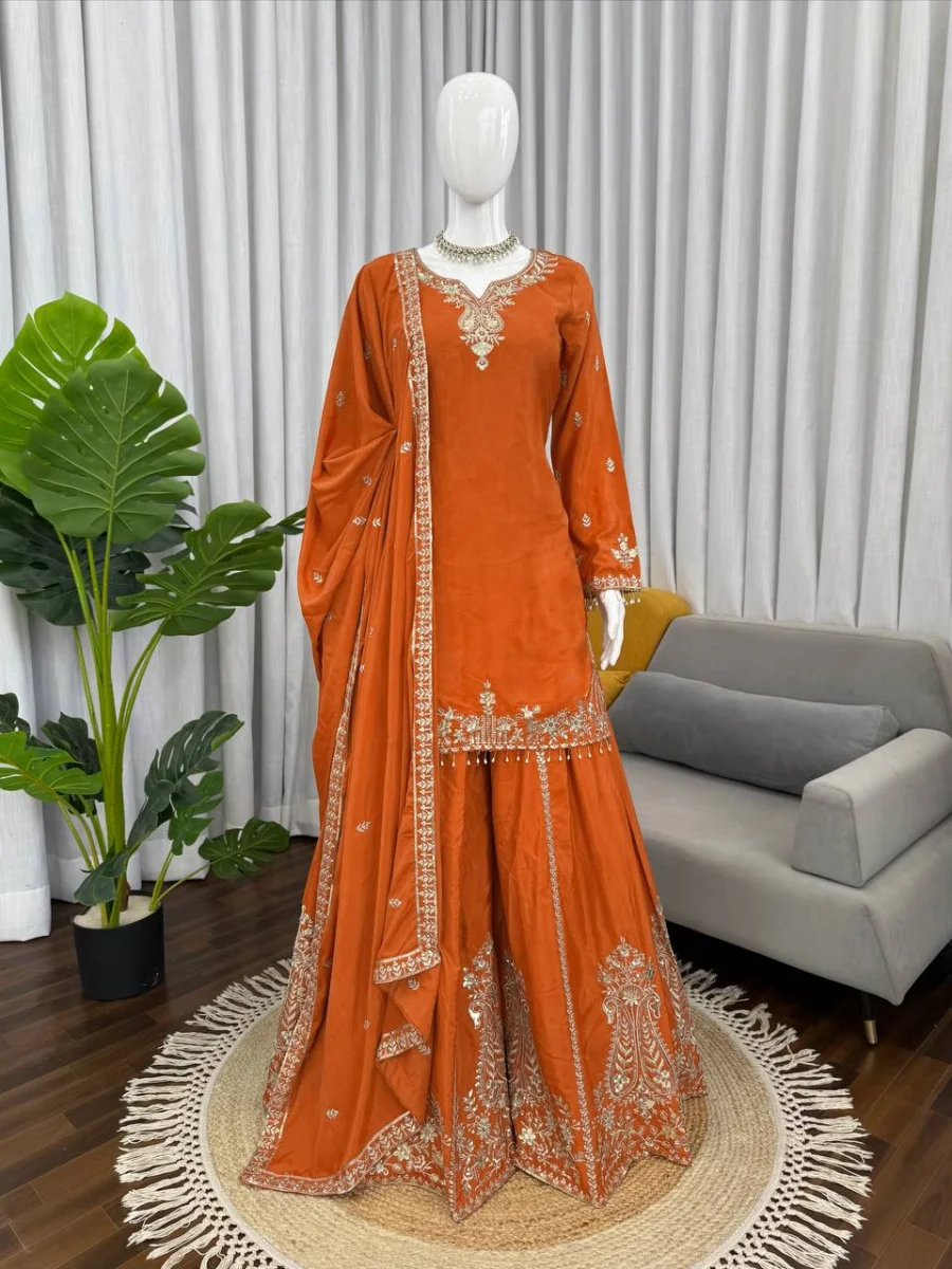 2TRENDING NATURAL CREPE THREAD WITH SEQUENCE & FANCY LACE WORK TOP PALAZZO WITH DUPATTA FESTIVE WEAR WHOLESALE PRICE ETHNIC GARMENT (4)