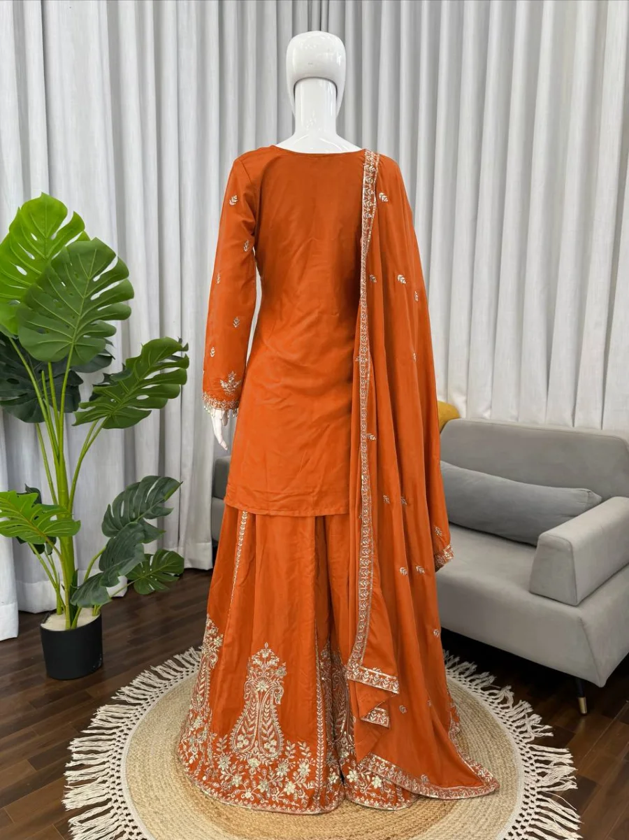 2TRENDING NATURAL CREPE THREAD WITH SEQUENCE & FANCY LACE WORK TOP PALAZZO WITH DUPATTA FESTIVE WEAR WHOLESALE PRICE ETHNIC GARMENT (5)