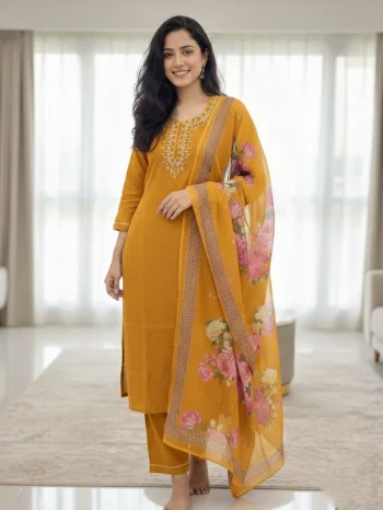 TRENDING SLUB COTTON CUT PASTE EMBROIDERY WORK TOP BOTTOM WITH DUPATTA YELLOW