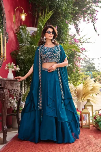 FANCY VICHITRA SILK EMBROIDERY MOTI BEADS & SEQUENCE  WORK LEHENGA CHOLI WITH SHRUG STYLE DUPATTA TEAL