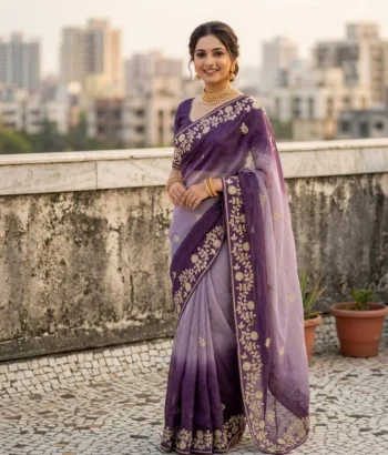 DESIGNER CHINON SILK CONTRAST PALLU ZARI THREAD  AND SEQUENCE WORK SAREE WITH UNSTITCHED BLOUSE PURPLE