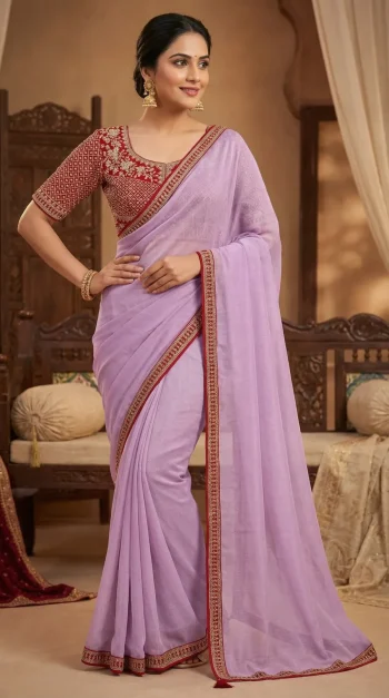 DESIGNER CRUSH SILK HAND WORK FANCY LACE BORDER WORK SAREE WITH STITCHED BLOUSE PINK