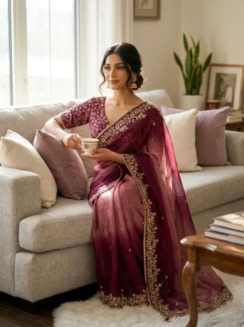 DESIGNER FENDY CHIFFON SEQUENCE EMBROIDERY WORK SAREE WITH UNSTITCHED BLOUSE WINE