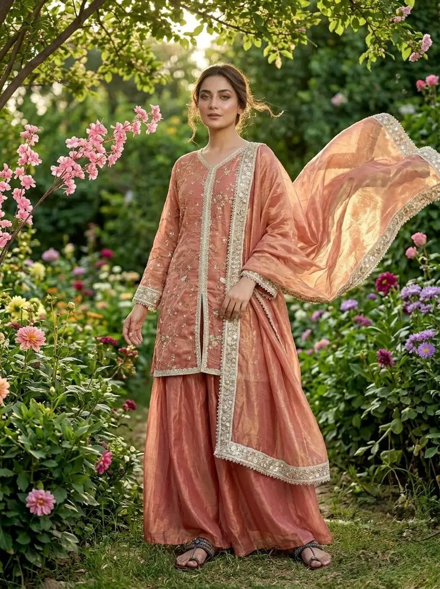 3DESIGNER FENDY SILK EMBROIDERY SEQUENCE & CODING DORI WITH RIVET MOTI WORK TOP PALAZZO WITH DUPATTA FESTIVE WEAR WHOLESALE PRICE ETHNIC GARMENT (1)