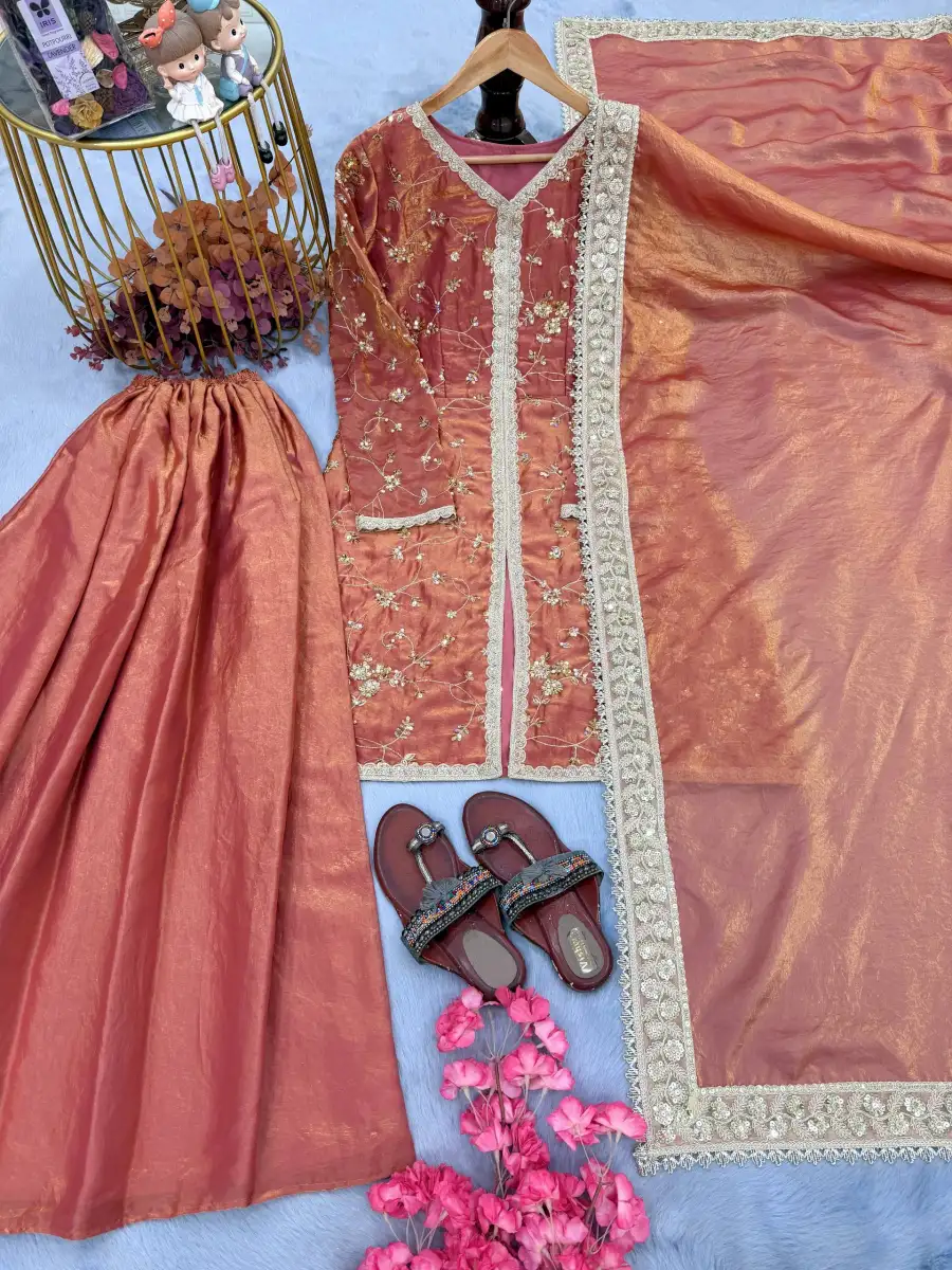 3DESIGNER FENDY SILK EMBROIDERY SEQUENCE & CODING DORI WITH RIVET MOTI WORK TOP PALAZZO WITH DUPATTA FESTIVE WEAR WHOLESALE PRICE ETHNIC GARMENT (2)